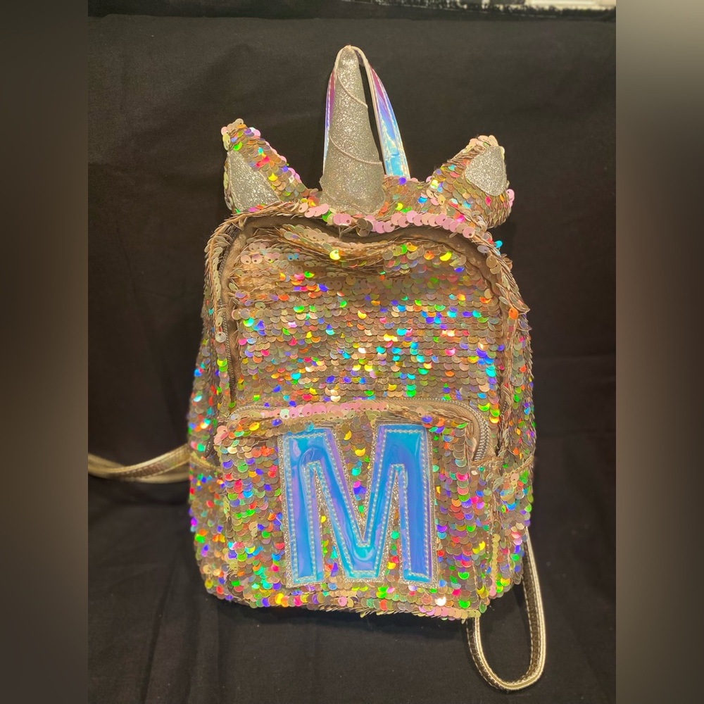 Justice sequin mini backpack gold with the letter M